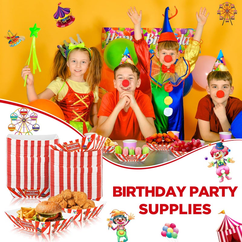 Tenceur 100 Pcs Carnival Paper Food Trays 2lb Carnival Decorations Red and White Stripe Nacho Bowls Hot Dog Boats Food Containers Disposable Plates for Circus Theme Birthday Parties - Image 5