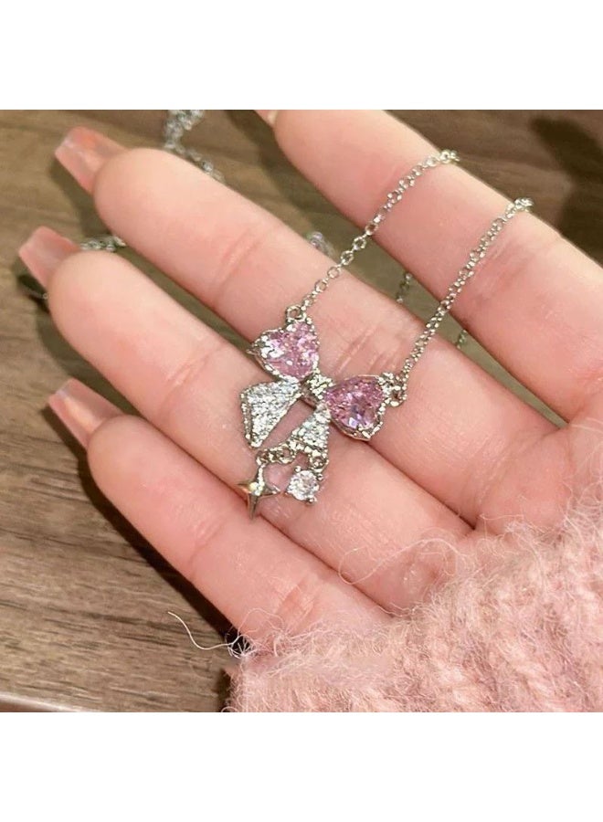 سيمهو قلادة على شكل فيونكة من الزركون الوردي - قلادة أنيقة وبسيطة للنساء، مستوحاة من الطراز القديم - Image 2