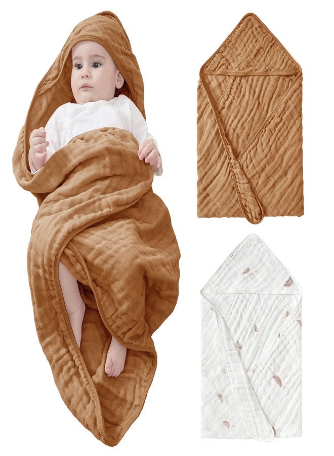 JELLYMONI Muslin Baby Hooded Bath Towels for Newborn, 2 Pack 100% Cotton Baby Bath Towel with Hood for Baby, Infant, Toddler and Kids, Large 32 x 32 Inch Baby Bath Towels Soft and Absorbent - Image 1