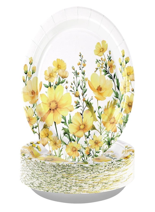 Grencian 50Pcs Yellow Floral Paper Plates 9 Inch Disposable Watercolor Spring Yellow Calliopsis Flower Dessert Plates Wildflower Dinner Plate for Wedding Bridal Baby Shower Tea Party Supplies Decorations - Image 1