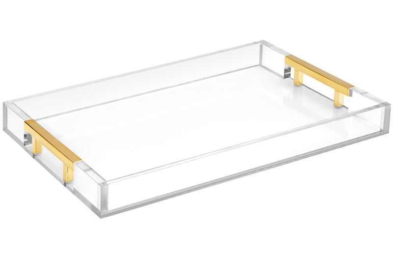 Home Redefined Modern 16"x12" Rectangle Acrylic Lucite Plastic Decorative Serving Tray with Gold Polished Stainless Steel Metal Handles Home Decor Ottoman Coffee Table Makeup Perfume Display Vanity By Home Redefined - Image 1