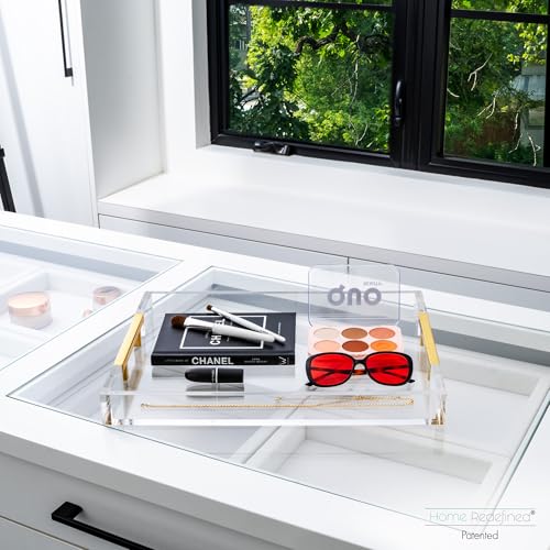 Home Redefined Modern 16"x12" Rectangle Acrylic Lucite Plastic Decorative Serving Tray with Gold Polished Stainless Steel Metal Handles Home Decor Ottoman Coffee Table Makeup Perfume Display Vanity By Home Redefined - Image 2