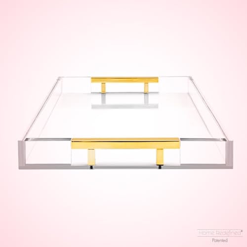 Home Redefined Modern 16"x12" Rectangle Acrylic Lucite Plastic Decorative Serving Tray with Gold Polished Stainless Steel Metal Handles Home Decor Ottoman Coffee Table Makeup Perfume Display Vanity By Home Redefined - Image 4