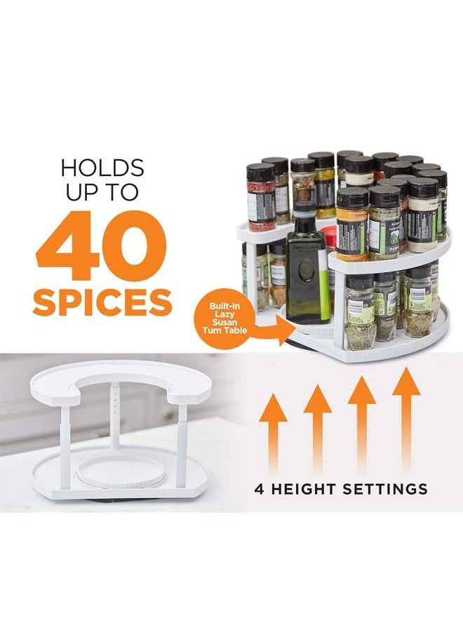 Spice Spinner, Kitchen Organizers and Storage Spice Rack, Seasoning and Spinning Organizer 2-Tier Lazy Susan Design, Holds 40 Spice Jars with Double Spinner on Bottom Spice Shelf (White)