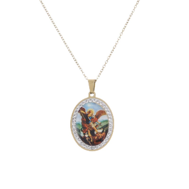 YWLI Miraculous Medal, St.Michael Necklace, Religious Gifts for Women, Golden Stainless Steel Necklace Inlaid Zircon Pendant, Fashion Religious Jewelry, Gifts for Women - Image 1