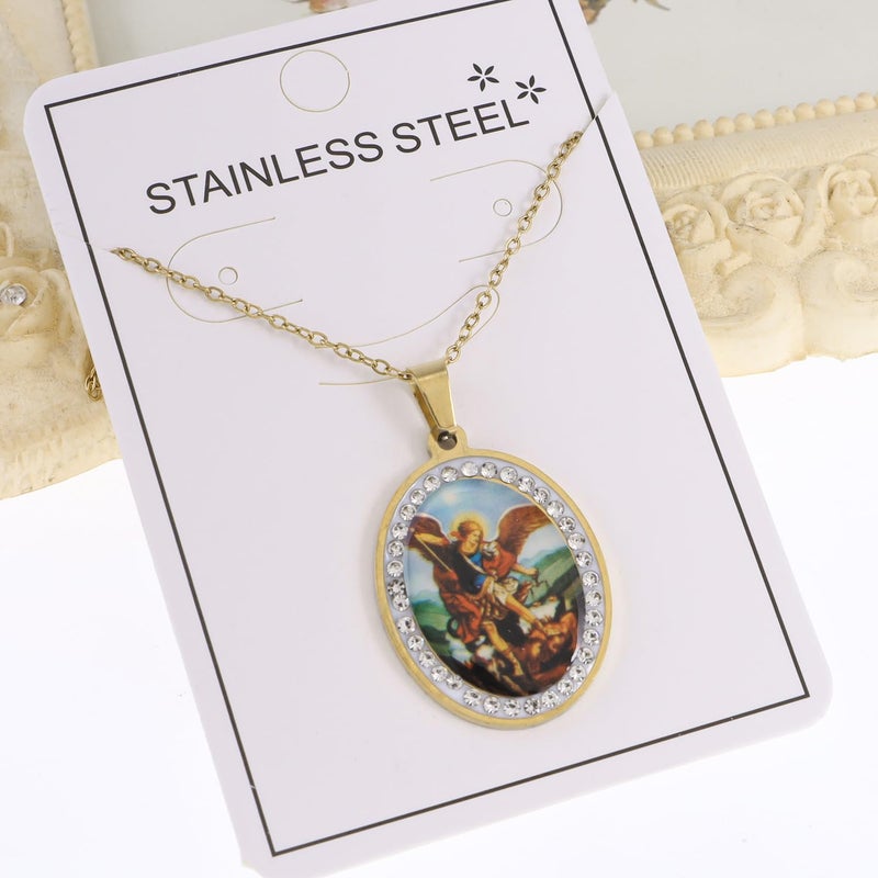 YWLI Miraculous Medal, St.Michael Necklace, Religious Gifts for Women, Golden Stainless Steel Necklace Inlaid Zircon Pendant, Fashion Religious Jewelry, Gifts for Women - Image 4
