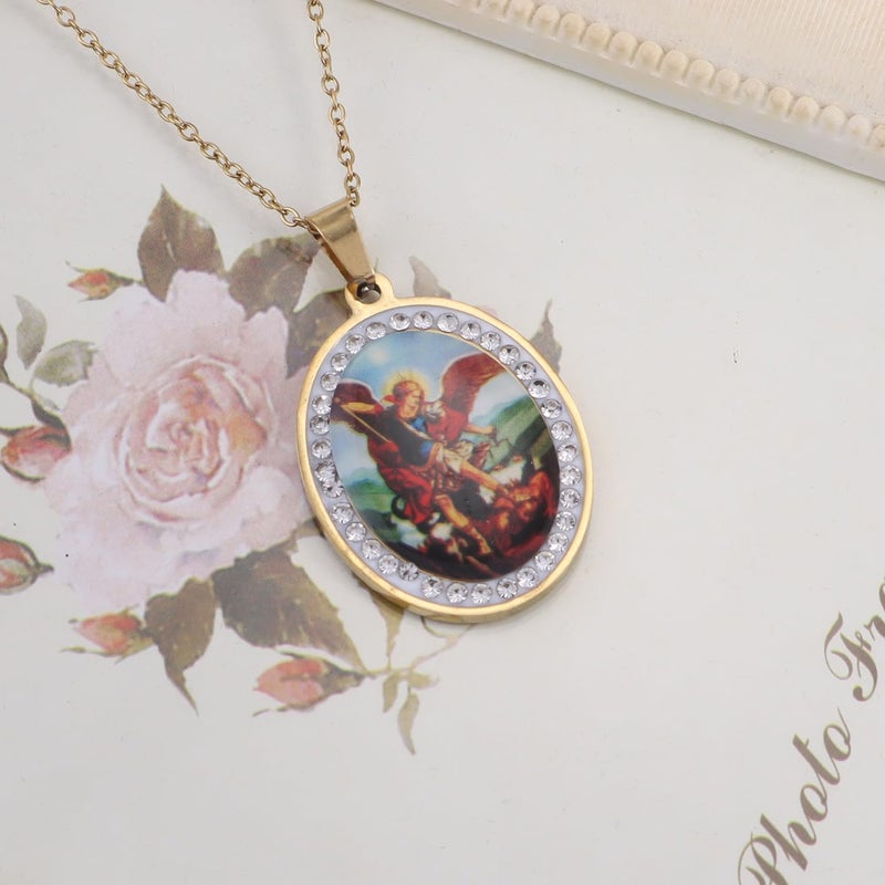 YWLI Miraculous Medal, St.Michael Necklace, Religious Gifts for Women, Golden Stainless Steel Necklace Inlaid Zircon Pendant, Fashion Religious Jewelry, Gifts for Women - Image 2