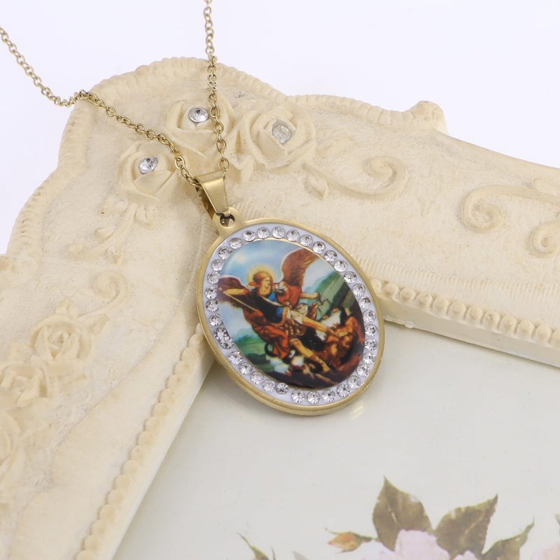 YWLI Miraculous Medal, St.Michael Necklace, Religious Gifts for Women, Golden Stainless Steel Necklace Inlaid Zircon Pendant, Fashion Religious Jewelry, Gifts for Women - Image 3
