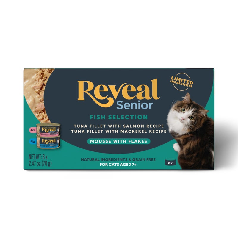 Reveal Natural Wet Senior Cat Food Flakes, Limited Ingredient, Grain-Free with High Protein with No Artificial Additives, Tuna Fillet Flakes in Mousse (8 x 2.47 oz Cans) - Image 1