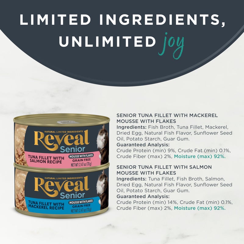 Reveal Natural Wet Senior Cat Food Flakes, Limited Ingredient, Grain-Free with High Protein with No Artificial Additives, Tuna Fillet Flakes in Mousse (8 x 2.47 oz Cans) - Image 3