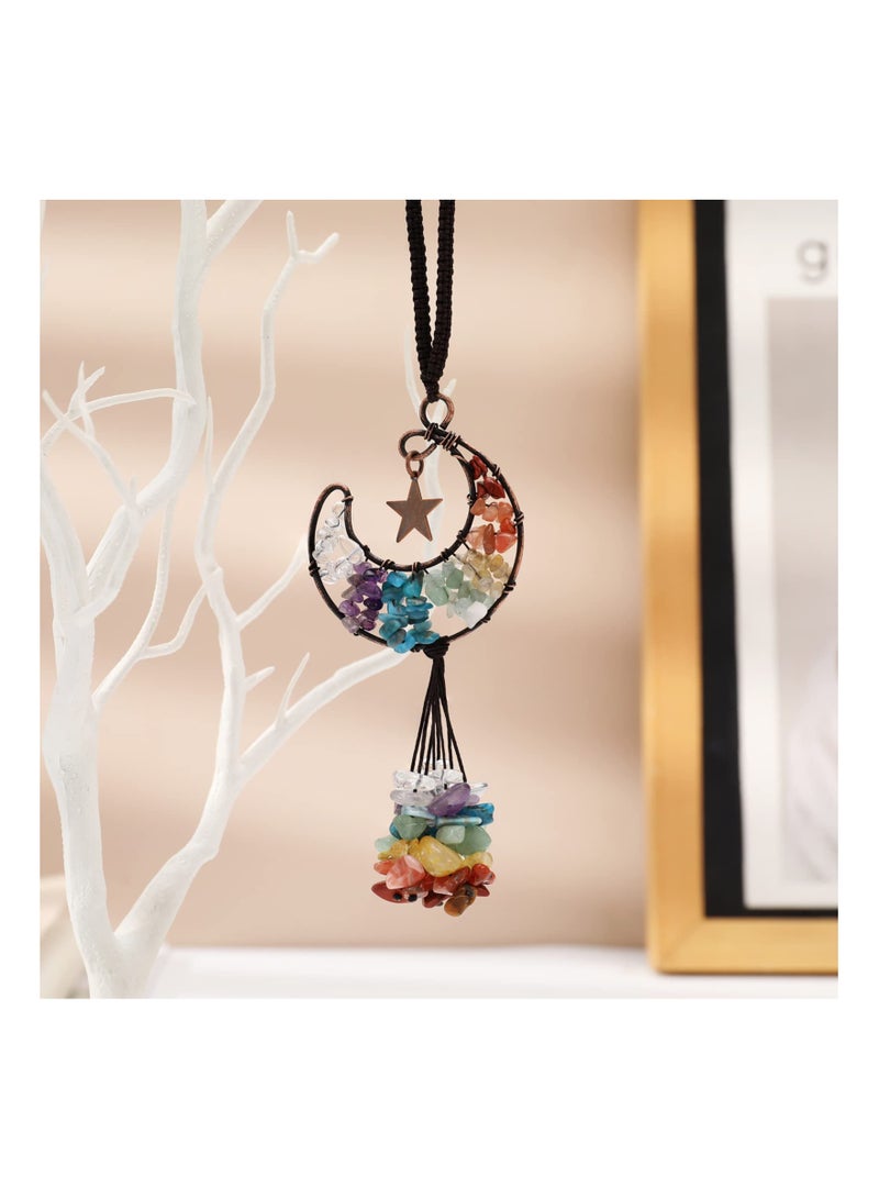 SOLARAE Tree of Life Hanging Ornament, Chakra Crystal Hanging Ornament Moon Shape Healing Crystal Stones Car Rear View Mirror Hanging Accessories Wall Home Decor - Image 2
