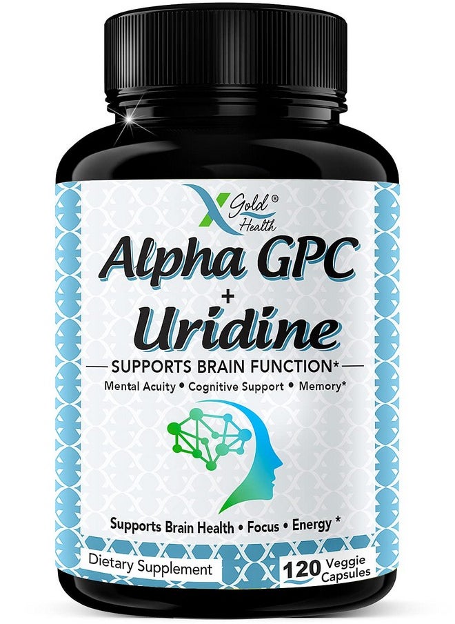 X Gold Health - Alpha Gpc Choline 600Mg + Uridine Monophosphate 300Mg2In1 Nootropic Supplement Helps Boost Focus Energy & Cognitive Performance Potent Mood Enhancer & Brain Focus Supplements 120 Veggie Capsules - Image 1