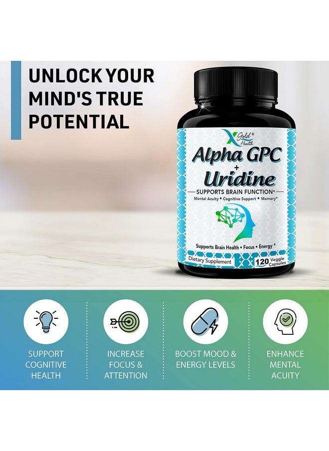 X Gold Health - Alpha Gpc Choline 600Mg + Uridine Monophosphate 300Mg2In1 Nootropic Supplement Helps Boost Focus Energy & Cognitive Performance Potent Mood Enhancer & Brain Focus Supplements 120 Veggie Capsules - Image 1