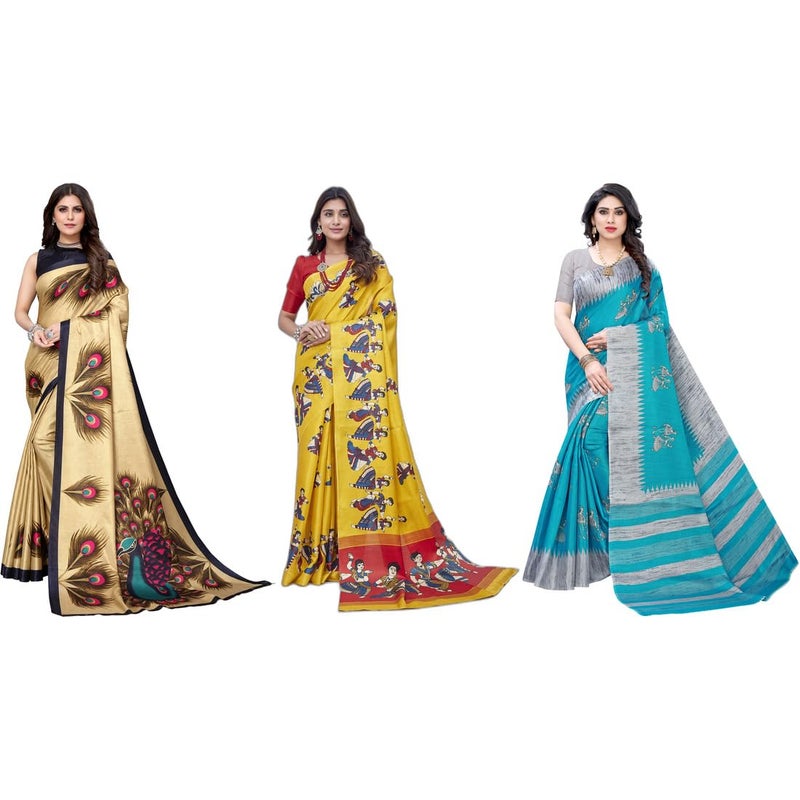 Yashika Women's Combo Art Silk Printed Saree With Unstitched Blouse Piece |saree for Women | saree combo | New Sari | Latest Saree_C_66_GOLD_PECOCK_KATHAK_YEW_NAURTA_BLU - Image 5