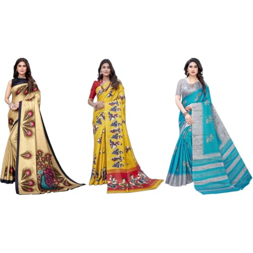 Yashika Women's Combo Art Silk Printed Saree With Unstitched Blouse Piece |saree for Women | saree combo | New Sari | Latest Saree_C_66_GOLD_PECOCK_KATHAK_YEW_NAURTA_BLU - Image 1