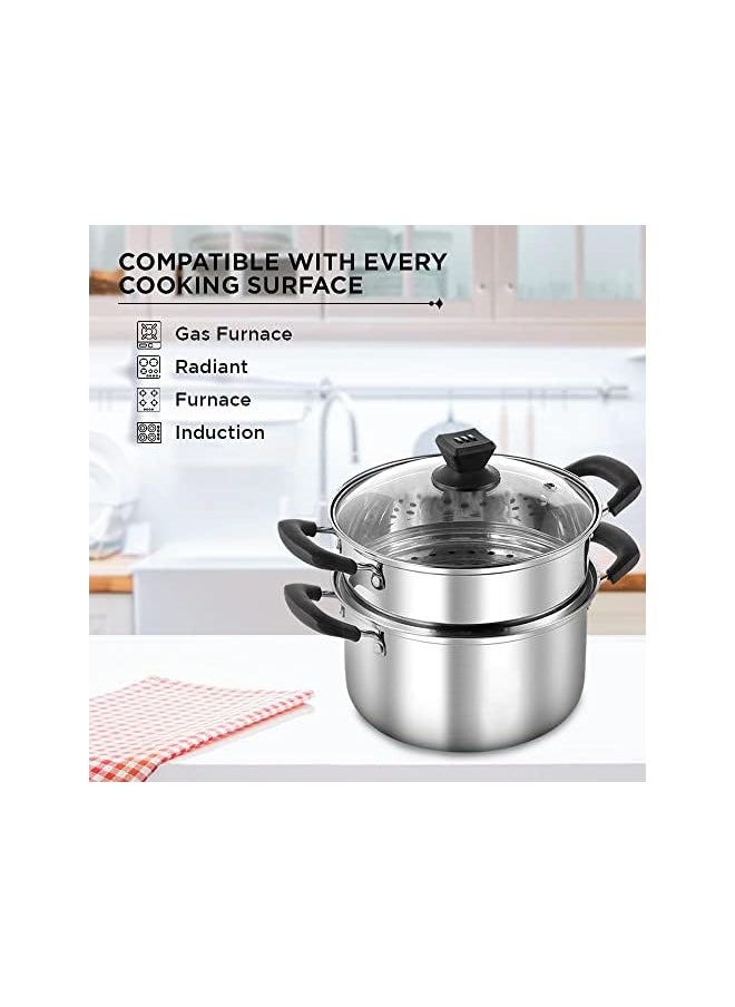 PROMASS - Piece Premium Heavy Duty Stainless Steel Steamer Pot Set Includes 3400ml Cooking Pot, 2200ml Steamer Insert and Vented Glass Lid | Stack and Steam Pot Set for All Cooking Surfaces - Image 1