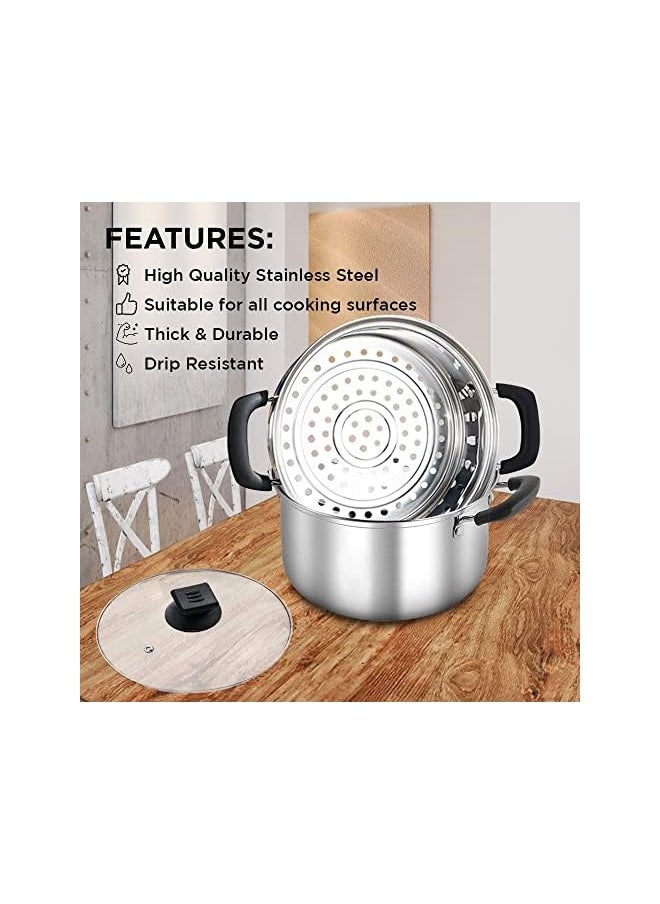 PROMASS - Piece Premium Heavy Duty Stainless Steel Steamer Pot Set Includes 3400ml Cooking Pot, 2200ml Steamer Insert and Vented Glass Lid | Stack and Steam Pot Set for All Cooking Surfaces - Image 1