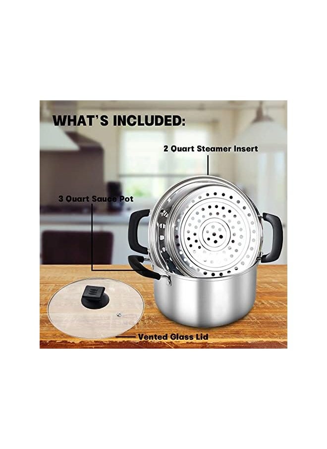 PROMASS - Piece Premium Heavy Duty Stainless Steel Steamer Pot Set Includes 3400ml Cooking Pot, 2200ml Steamer Insert and Vented Glass Lid | Stack and Steam Pot Set for All Cooking Surfaces - Image 1