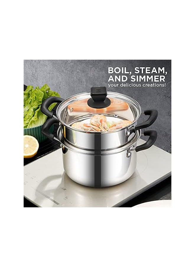 PROMASS - Piece Premium Heavy Duty Stainless Steel Steamer Pot Set Includes 3400ml Cooking Pot, 2200ml Steamer Insert and Vented Glass Lid | Stack and Steam Pot Set for All Cooking Surfaces - Image 1