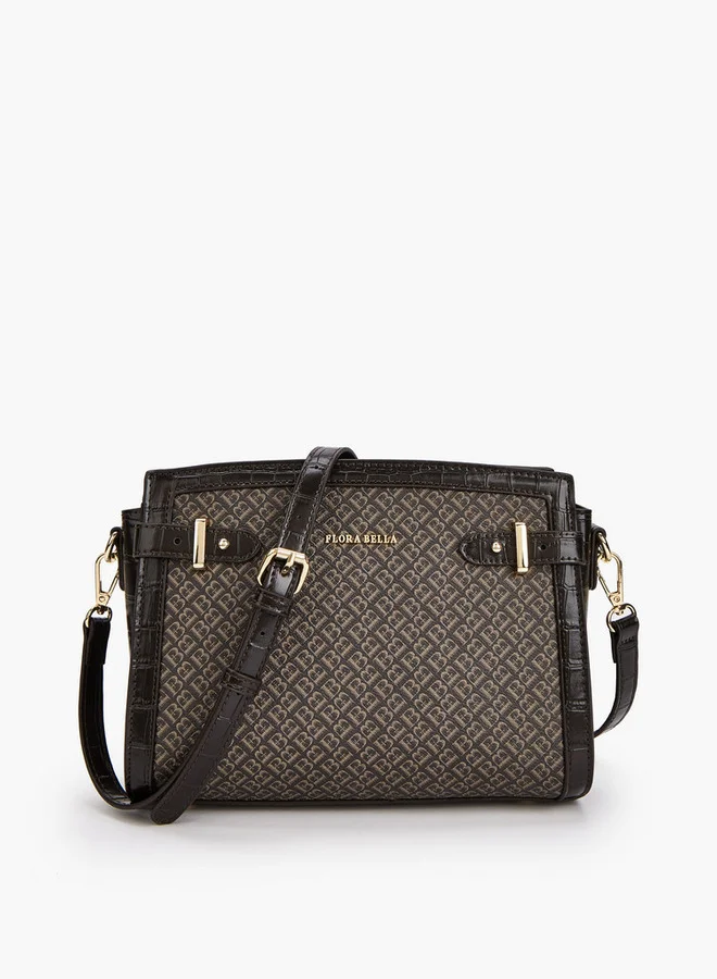 Flora Bella By Shoexpress Monogram Print Tote Bag with Detachable Strap and Zip Closure