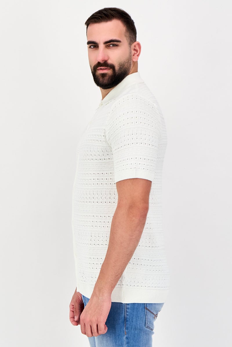 Threadbare Men Spread Collar Knitted Short Sleeve Polo Shirt, Off White - Image 2