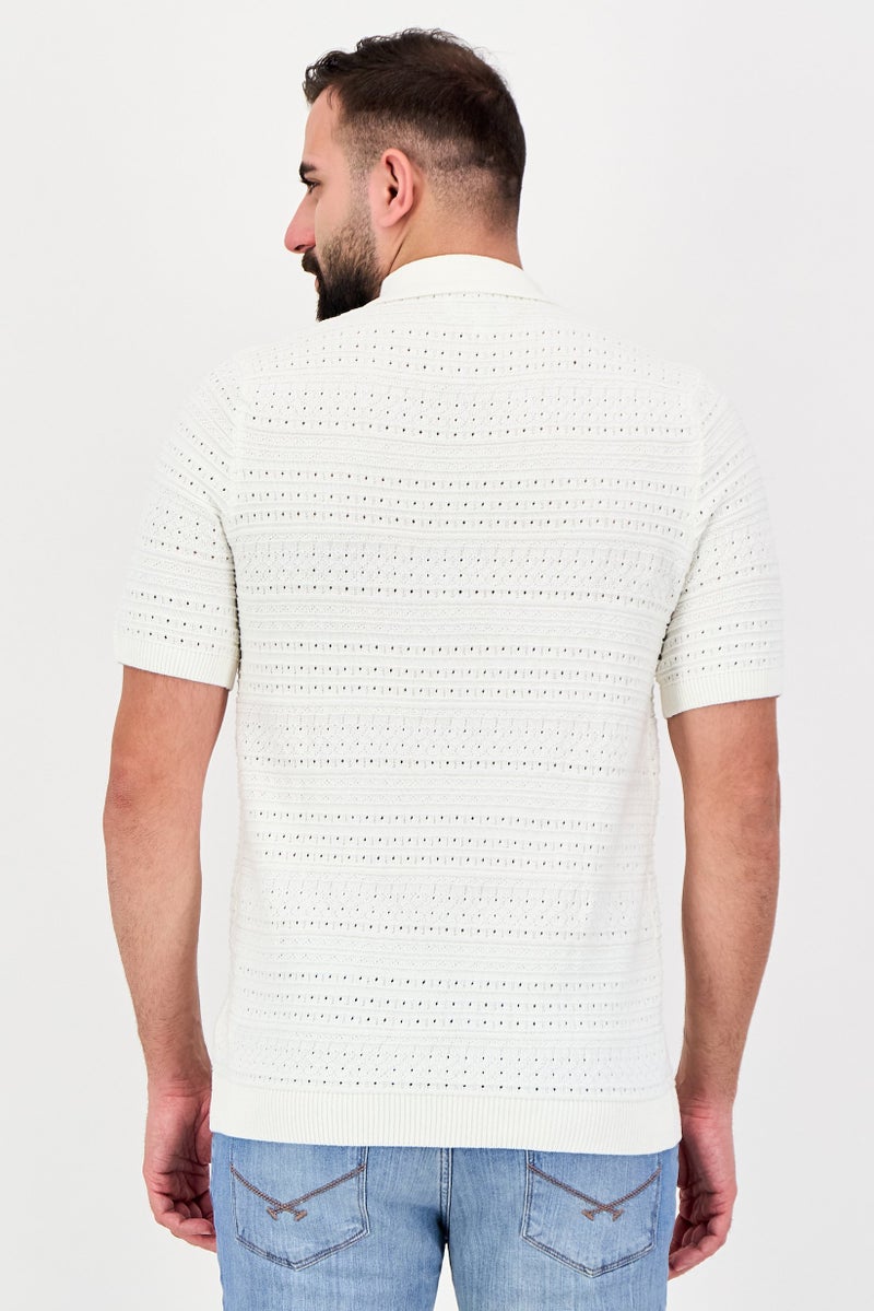 Threadbare Men Spread Collar Knitted Short Sleeve Polo Shirt, Off White - Image 3
