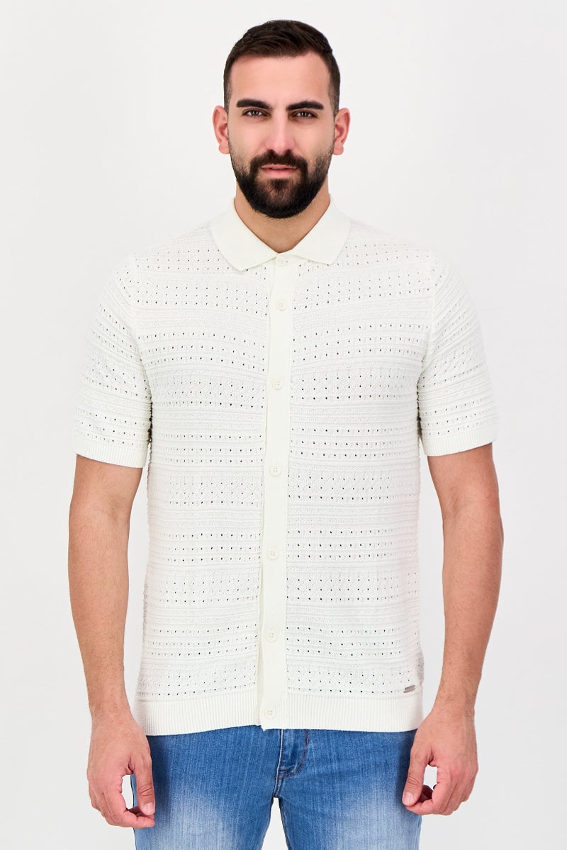 Threadbare Men Spread Collar Knitted Short Sleeve Polo Shirt, Off White - Image 1