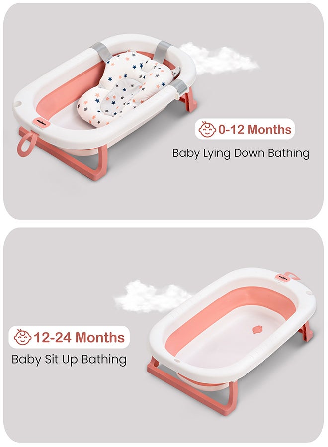 BAYBEE Foldable Baby Bath Tub With Anti-Skid Base, Support Cushion, Temperature Sensing Plug And Wall Mountable 0-2 Years, Pink - Image 3
