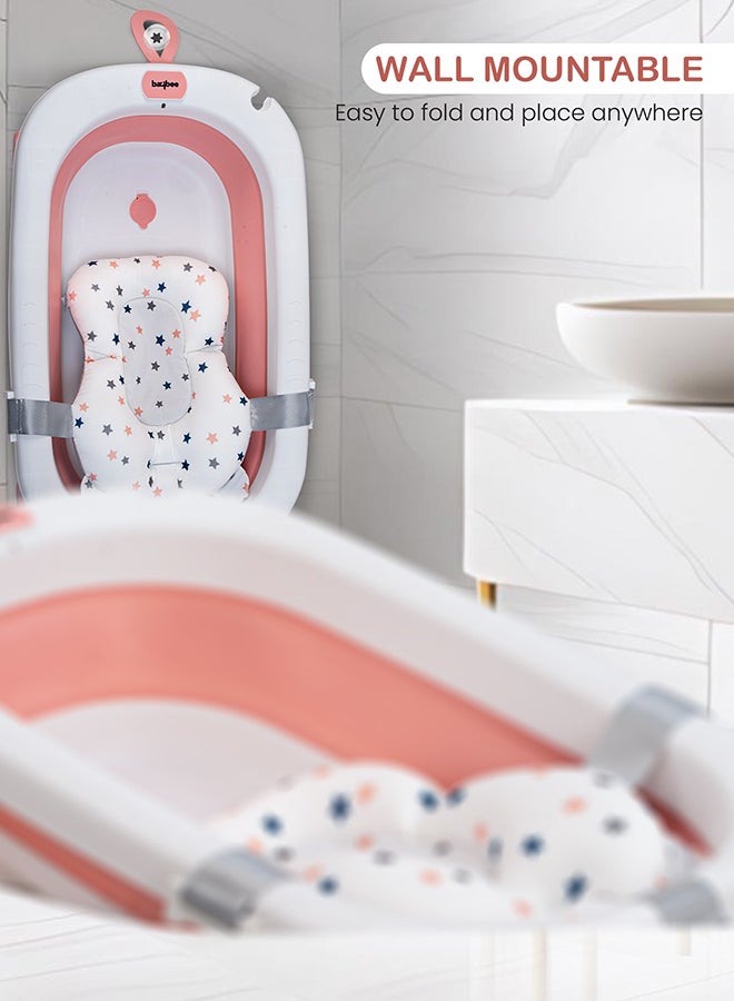 BAYBEE Foldable Baby Bath Tub With Anti-Skid Base, Support Cushion, Temperature Sensing Plug And Wall Mountable 0-2 Years, Pink - Image 5