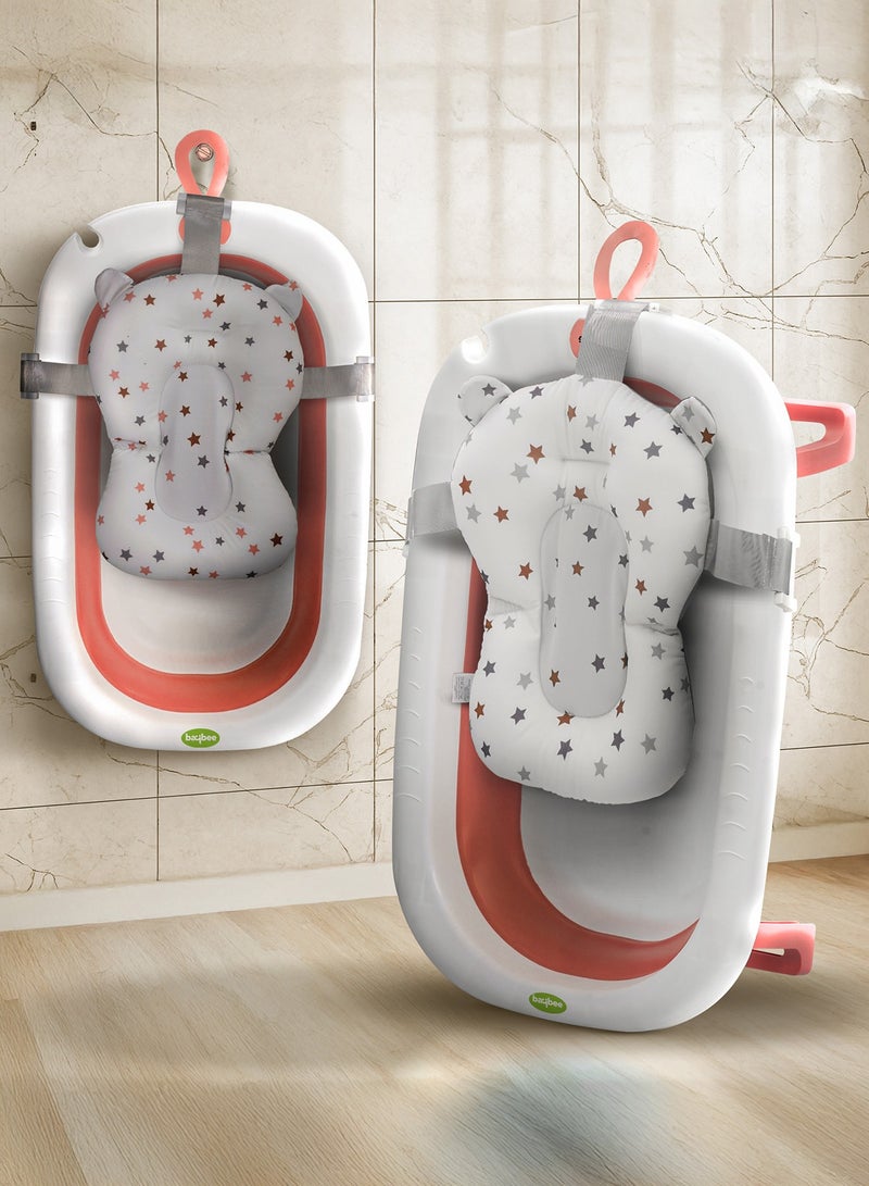 BAYBEE Foldable Baby Bath Tub With Anti-Skid Base, Support Cushion, Temperature Sensing Plug And Wall Mountable 0-2 Years, Pink - Image 1