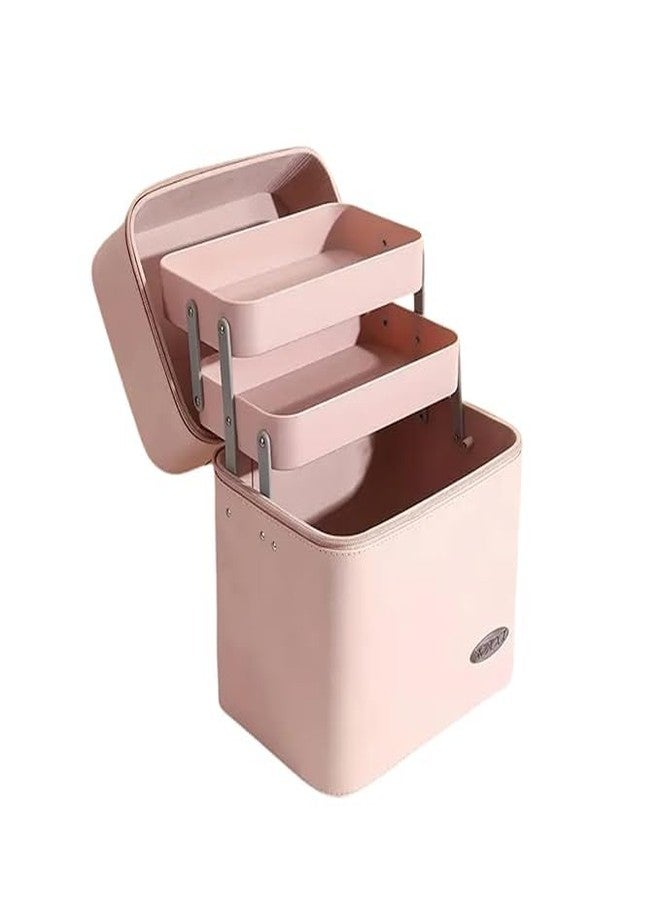 JAMBUVANTI صندوق منظم مكياج مع صواني - حقيبة مستحضرات تجميل جلدية للنساء، حقيبة سفر أنيقة لتخزين أدوات النظافة الشخصية، والعناية بالبشرة، والفرش، والمجوهرات - هدية أنيقة لها قطعة واحدة (لون وردي فاتح كبير) - Image 1