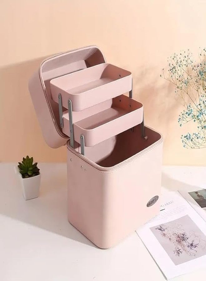 JAMBUVANTI صندوق منظم مكياج مع صواني - حقيبة مستحضرات تجميل جلدية للنساء، حقيبة سفر أنيقة لتخزين أدوات النظافة الشخصية، والعناية بالبشرة، والفرش، والمجوهرات - هدية أنيقة لها قطعة واحدة (لون وردي فاتح كبير) - Image 2