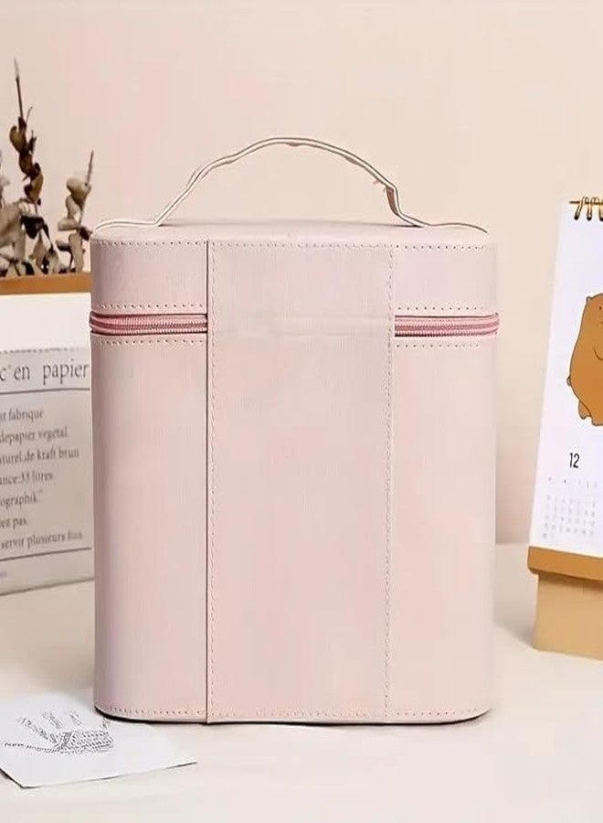 JAMBUVANTI صندوق منظم مكياج مع صواني - حقيبة مستحضرات تجميل جلدية للنساء، حقيبة سفر أنيقة لتخزين أدوات النظافة الشخصية، والعناية بالبشرة، والفرش، والمجوهرات - هدية أنيقة لها قطعة واحدة (لون وردي فاتح كبير) - Image 3