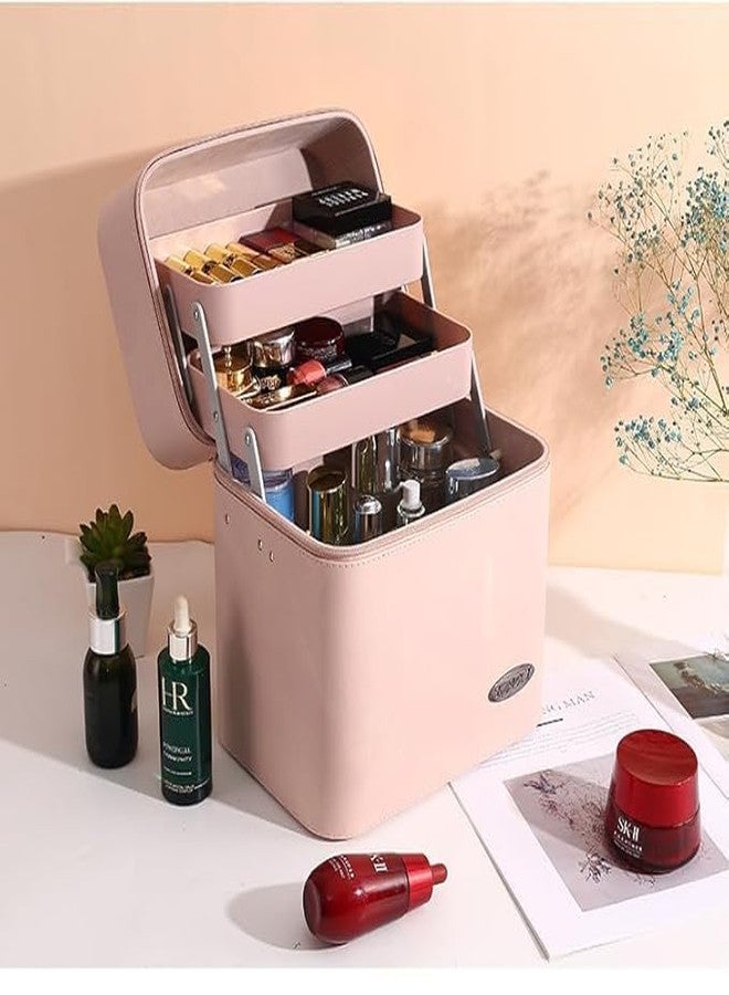 JAMBUVANTI صندوق منظم مكياج مع صواني - حقيبة مستحضرات تجميل جلدية للنساء، حقيبة سفر أنيقة لتخزين أدوات النظافة الشخصية، والعناية بالبشرة، والفرش، والمجوهرات - هدية أنيقة لها قطعة واحدة (لون وردي فاتح كبير) - Image 4