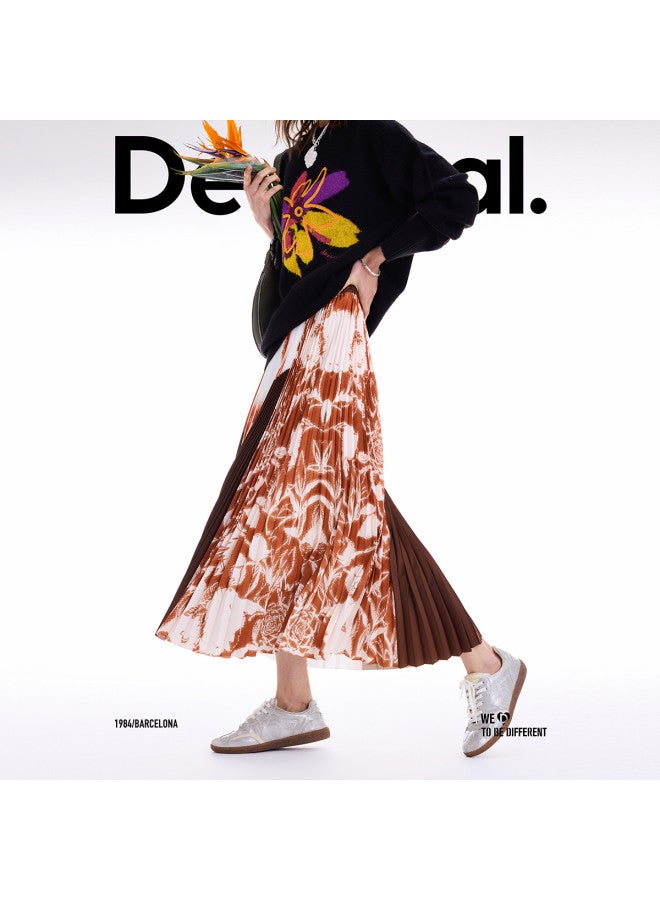 DESIGUAL orange Patchwork Print Pleated Elastic Waist Long Midi Skirt - Image 3