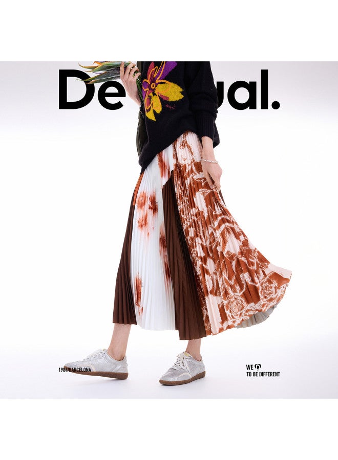 DESIGUAL orange Patchwork Print Pleated Elastic Waist Long Midi Skirt - Image 5