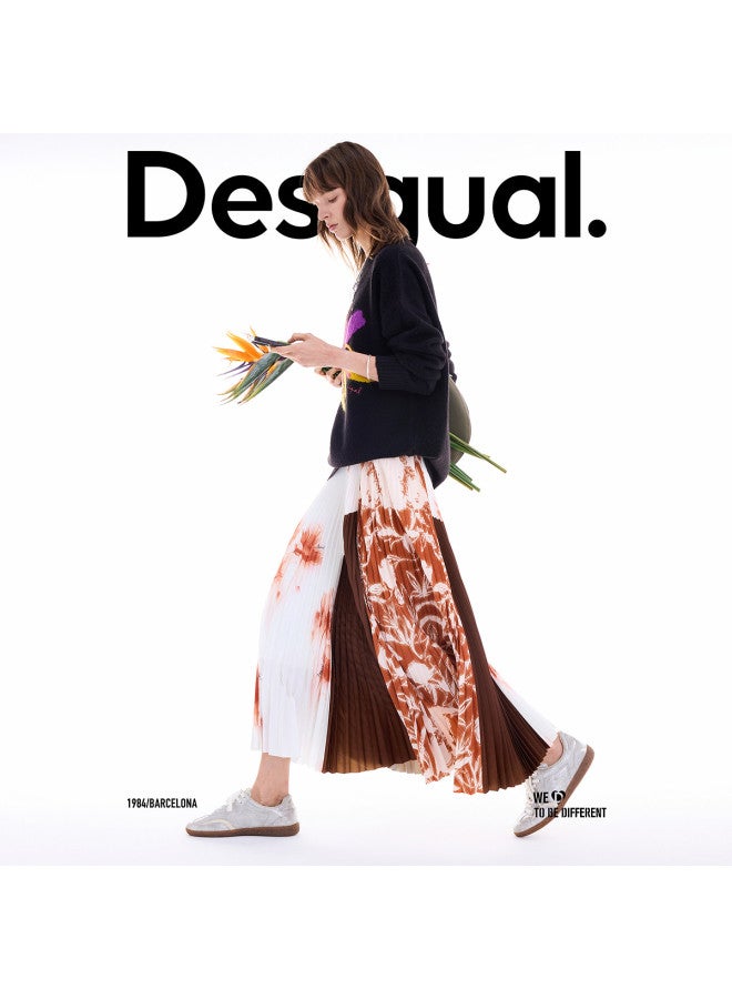 DESIGUAL orange Patchwork Print Pleated Elastic Waist Long Midi Skirt - Image 4