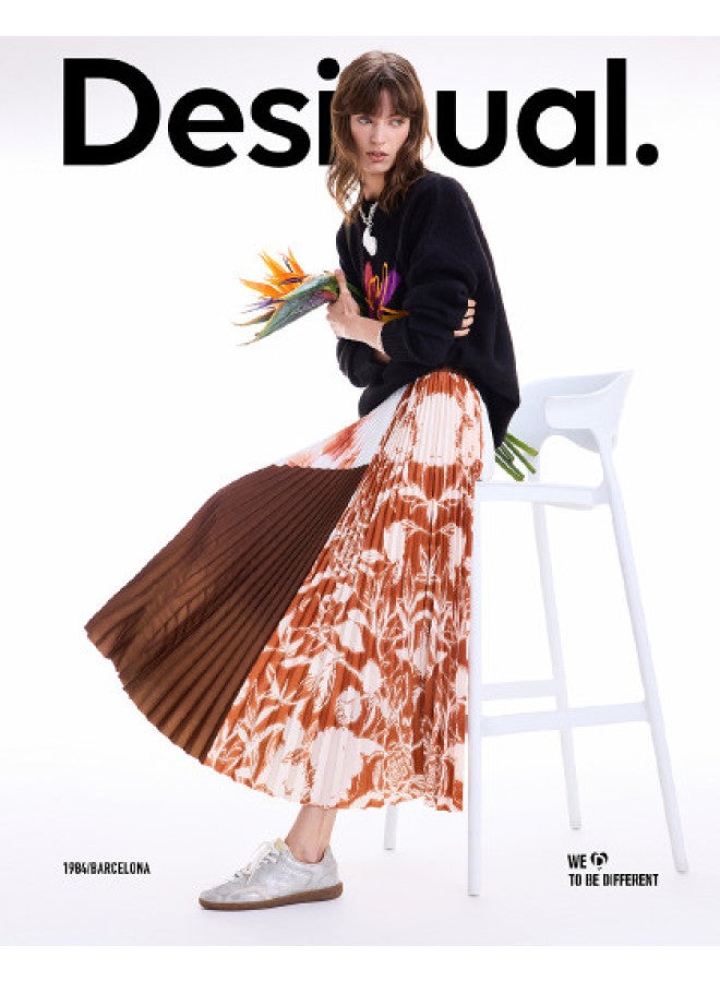 DESIGUAL orange Patchwork Print Pleated Elastic Waist Long Midi Skirt - Image 1