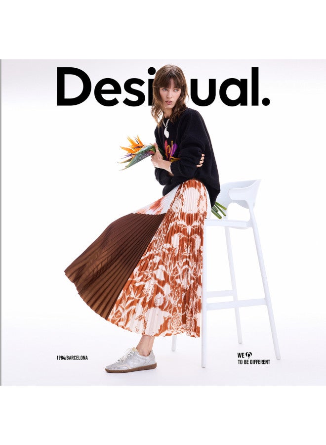 DESIGUAL orange Patchwork Print Pleated Elastic Waist Long Midi Skirt - Image 2