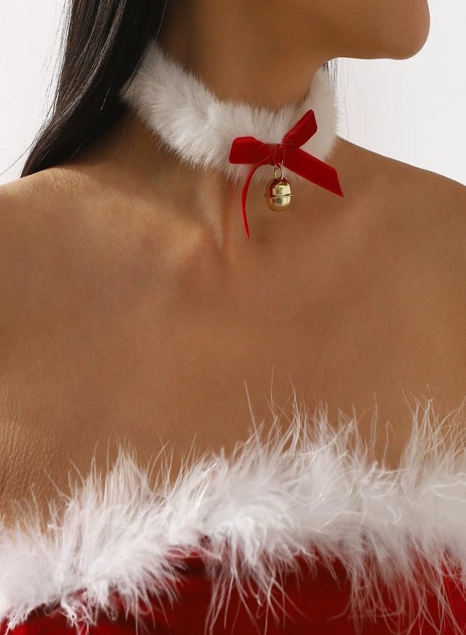 Dtja Christmas Fluffy Jingle Bell Choker Necklace for Women Pet Dainty Velvet Bow Bowknot Faux White Fur Collar Charms Chain Necklaces Adjustable Fashion Xmas Holiday Accessories Theme Party Jewelry Gift 16 inch (Red) - Image 4