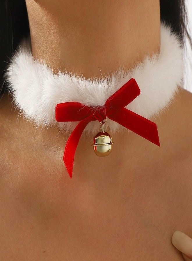 Dtja Christmas Fluffy Jingle Bell Choker Necklace for Women Pet Dainty Velvet Bow Bowknot Faux White Fur Collar Charms Chain Necklaces Adjustable Fashion Xmas Holiday Accessories Theme Party Jewelry Gift 16 inch (Red) - Image 2