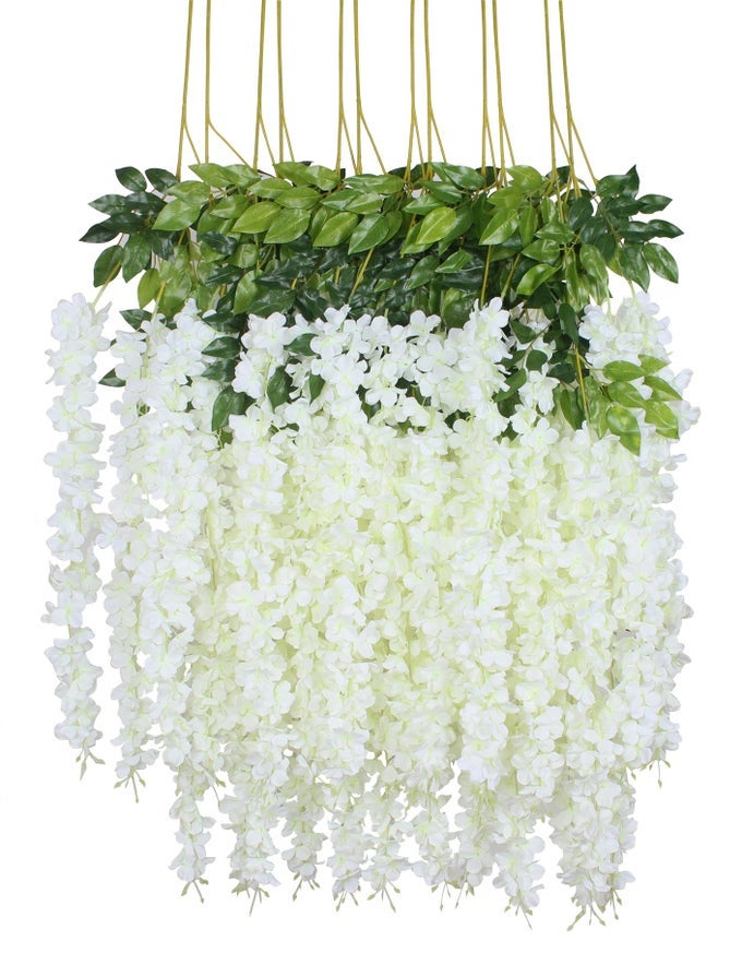 12 PIECE ARTIFICIAL SILK WISTERIA VINE 36 FEET RATTA HANGING FLOWER GARLAND STRING HOME PARTY WEDDING DECOR WHITE