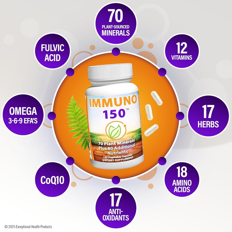 Immuno 150 مكمل دعم المناعة إيمونو 150 معبأ بـ 70 معدن نباتي و 13 فيتامين أساسي و 68 عنصر غذائي إضافي 150 كبسولة نباتية تعزيز المناعة لجميع الفئات العمرية - Image 3