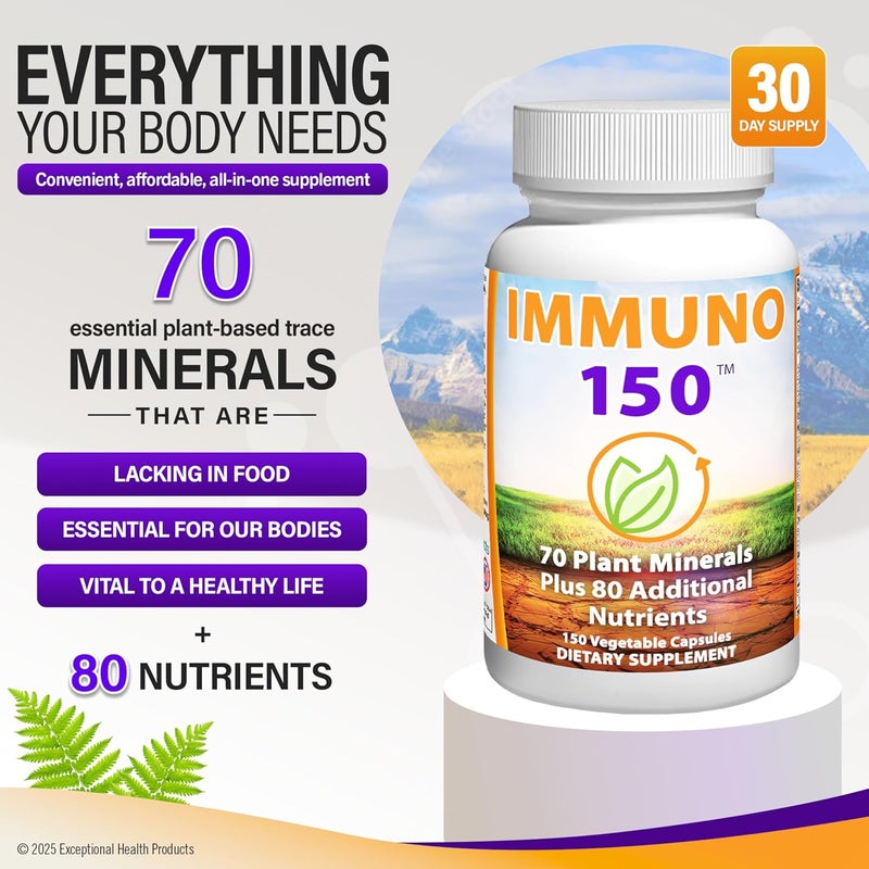 Immuno 150 مكمل دعم المناعة إيمونو 150 معبأ بـ 70 معدن نباتي و 13 فيتامين أساسي و 68 عنصر غذائي إضافي 150 كبسولة نباتية تعزيز المناعة لجميع الفئات العمرية - Image 2