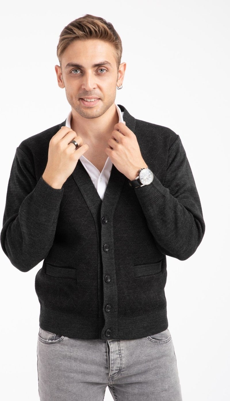 Mutlu City Men's Middle Age and Above Knitwear Knit Acrylic Winter Dad Cardigan 2057-Gray-Buttoned  - Image 1