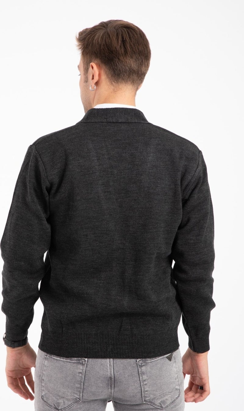 Mutlu City Men's Middle Age and Above Knitwear Knit Acrylic Winter Dad Cardigan 2057-Gray-Buttoned  - Image 3