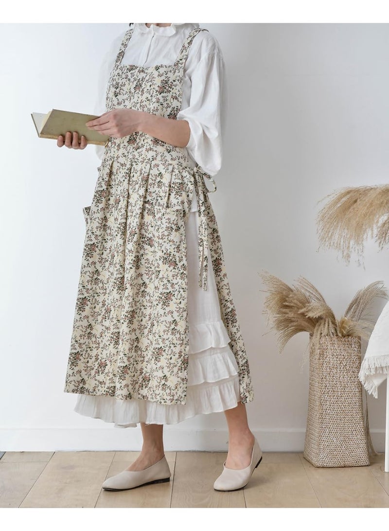 Floral Print Cotton Apron, Waterproof, Adjustable Extra Long with Pocket, for Kitchen Cooking & Baking, White - Image 4