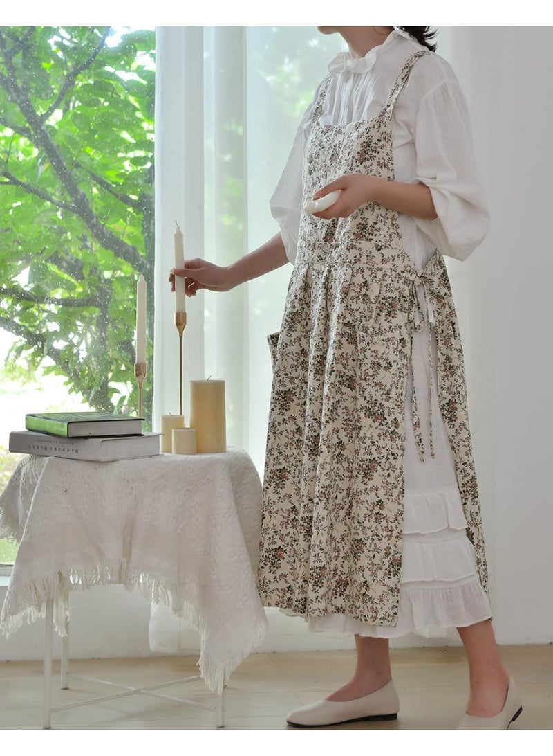 Floral Print Cotton Apron, Waterproof, Adjustable Extra Long with Pocket, for Kitchen Cooking & Baking, White - Image 5