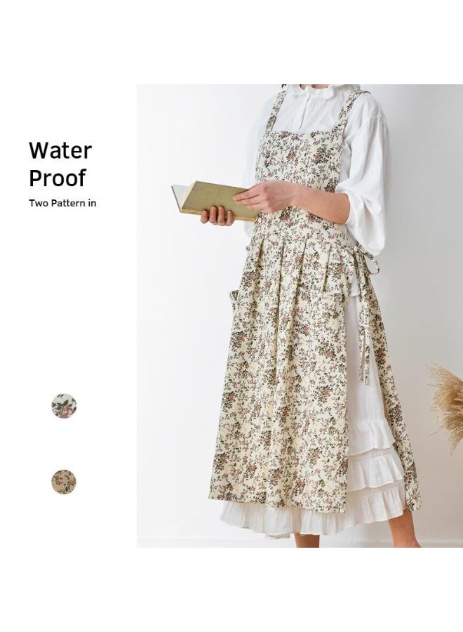Floral Print Cotton Apron, Waterproof, Adjustable Extra Long with Pocket, for Kitchen Cooking & Baking, White - Image 3