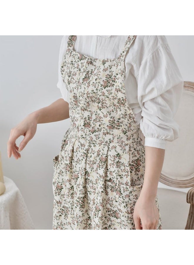 Floral Print Cotton Apron, Waterproof, Adjustable Extra Long with Pocket, for Kitchen Cooking & Baking, White - Image 2